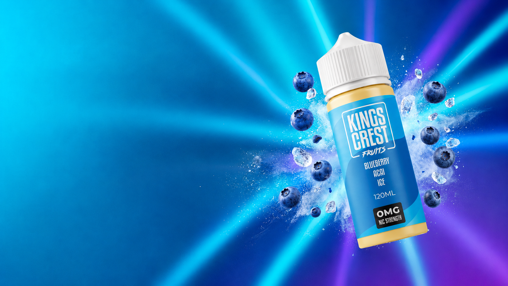 Kings Crest Fruits Collection — Blueberry Acai Ice e-liquid bottle with blueberry, acai, and menthol flavor.