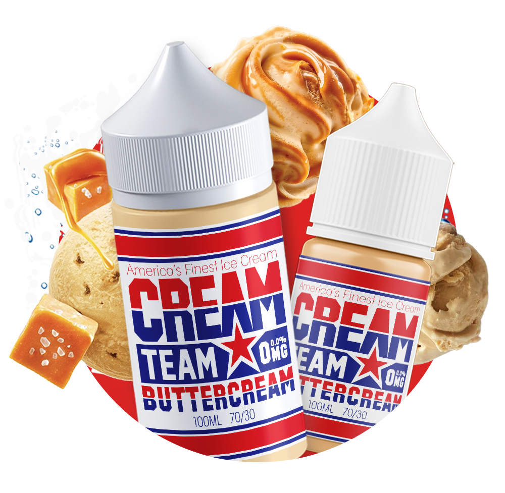 Cream Team Buttercream vape juice with vanilla cake and smooth ice cream flavor profile. | E-liquid Kinks Crest