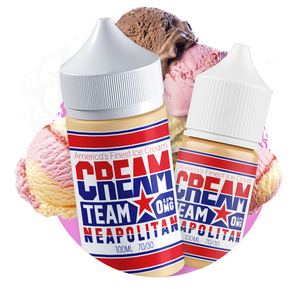 Cream Team Neapolitan vape juice with classic three-flavor ice cream profile. | E-liquid Kinks Crest